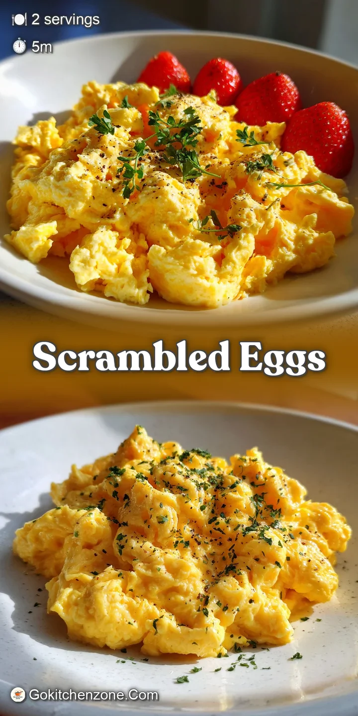 Close-up of creamy, golden scrambled eggs, showing airy pockets and a soft, delicate appearance, promising a rich, smooth ...