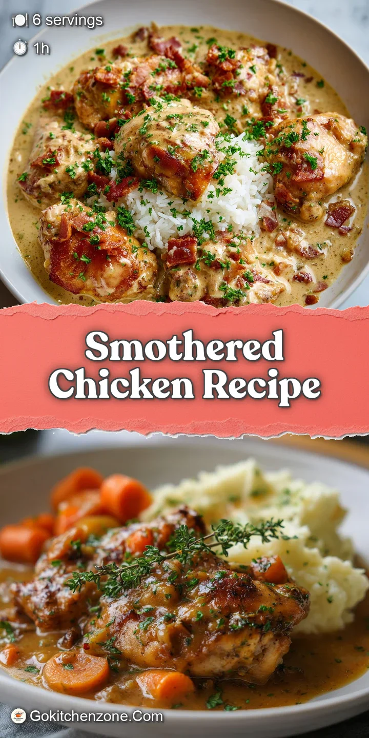 Close-up of smothered chicken with glistening, decadent gravy. Textural contrasts of tender meat, lush sauce, and fresh he...