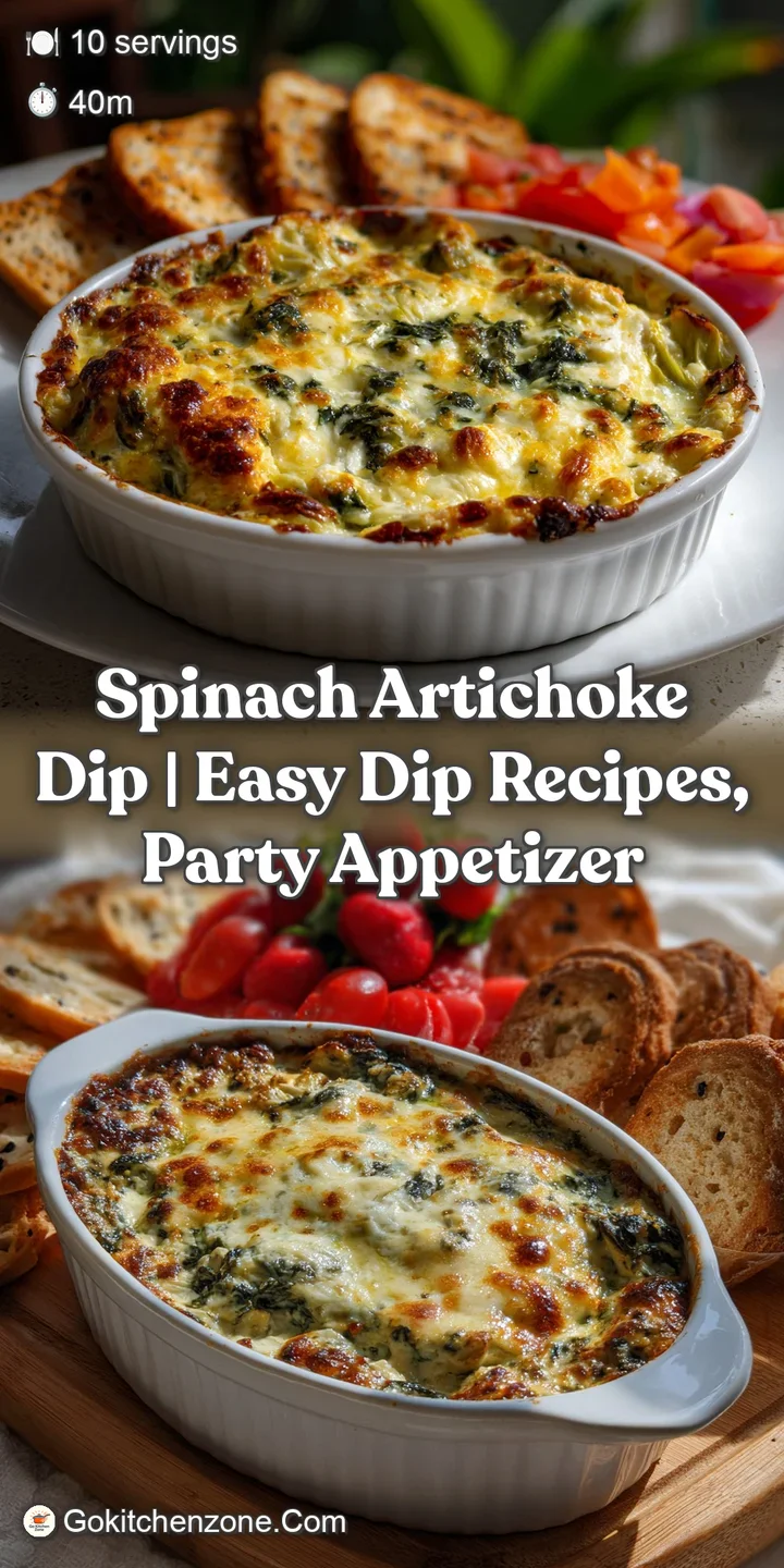 Close-up of bubbling spinach artichoke dip, rich and creamy texture, flecks of green spinach, and golden-brown, inviting h...