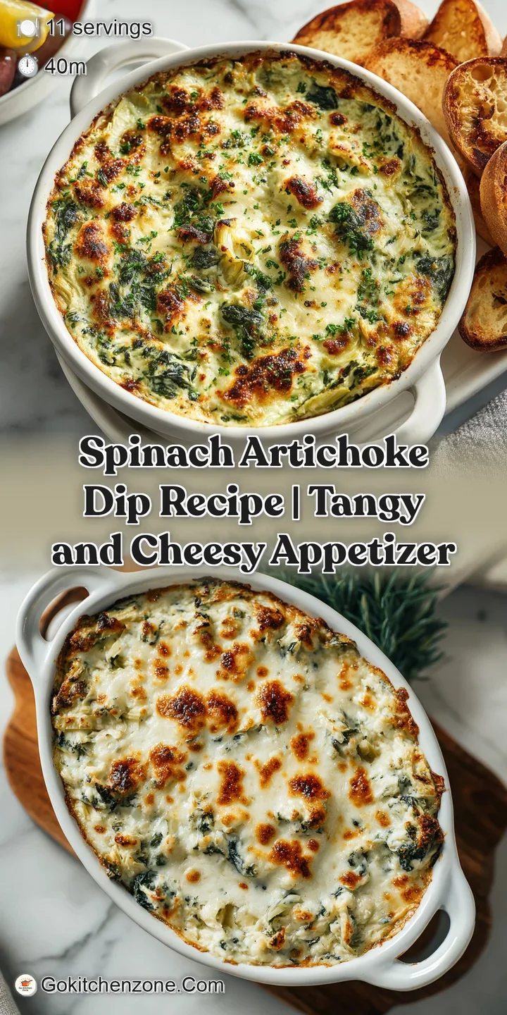 Close-up of rich spinach artichoke dip; molten cheese glistens with visible spinach & artichoke hearts, promising a savory...