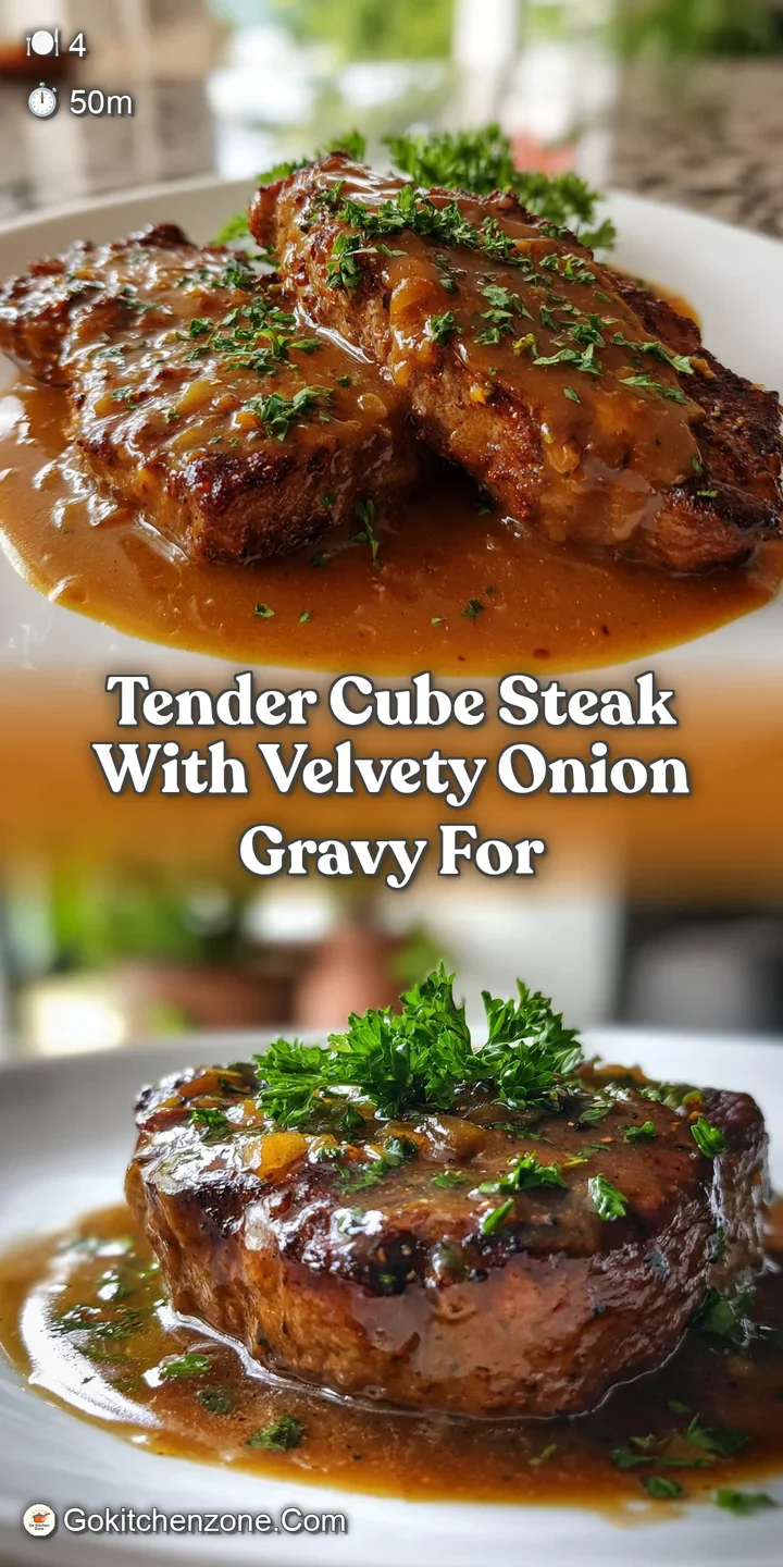 Close-up of juicy cube steak smothered in velvety onion gravy; steam rises, inviting a comforting, flavorful bite.