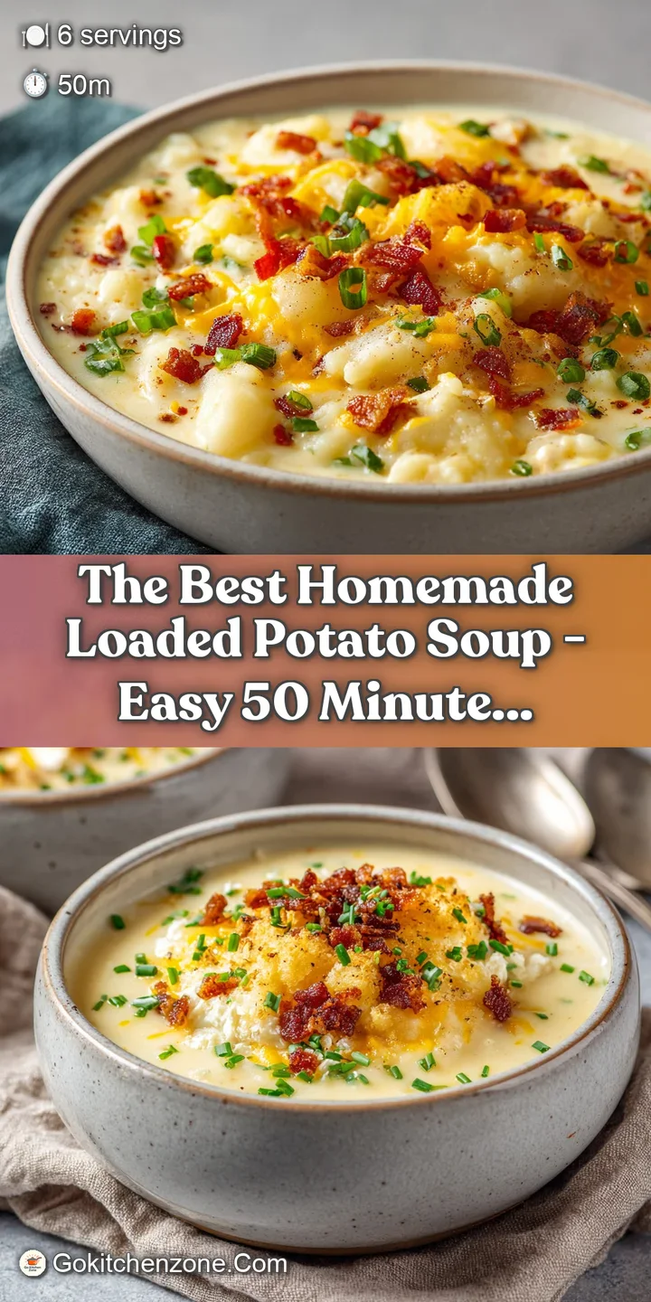 Close-up of creamy potato soup, showcasing bits of bacon, cheddar cheese, and fresh green chives, inviting a warm first bite.