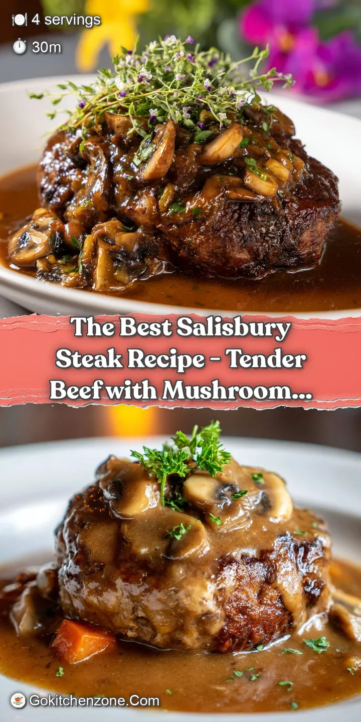 Close-up of a tender Salisbury steak patty with a dark crust, coated in a luscious, steaming gravy.