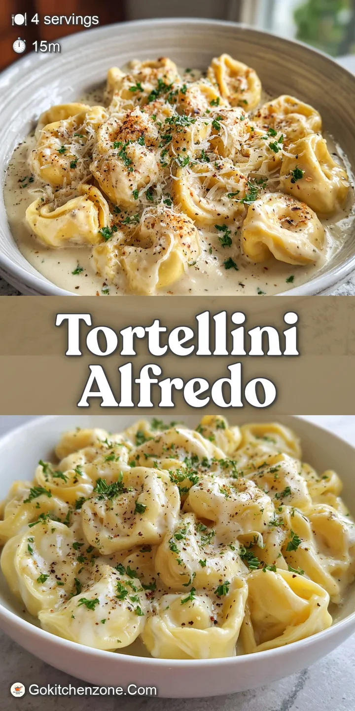 Close-up reveals rich Alfredo clinging to delicate tortellini. A tempting glimpse of a smooth, cheesy sauce with vibrant g...
