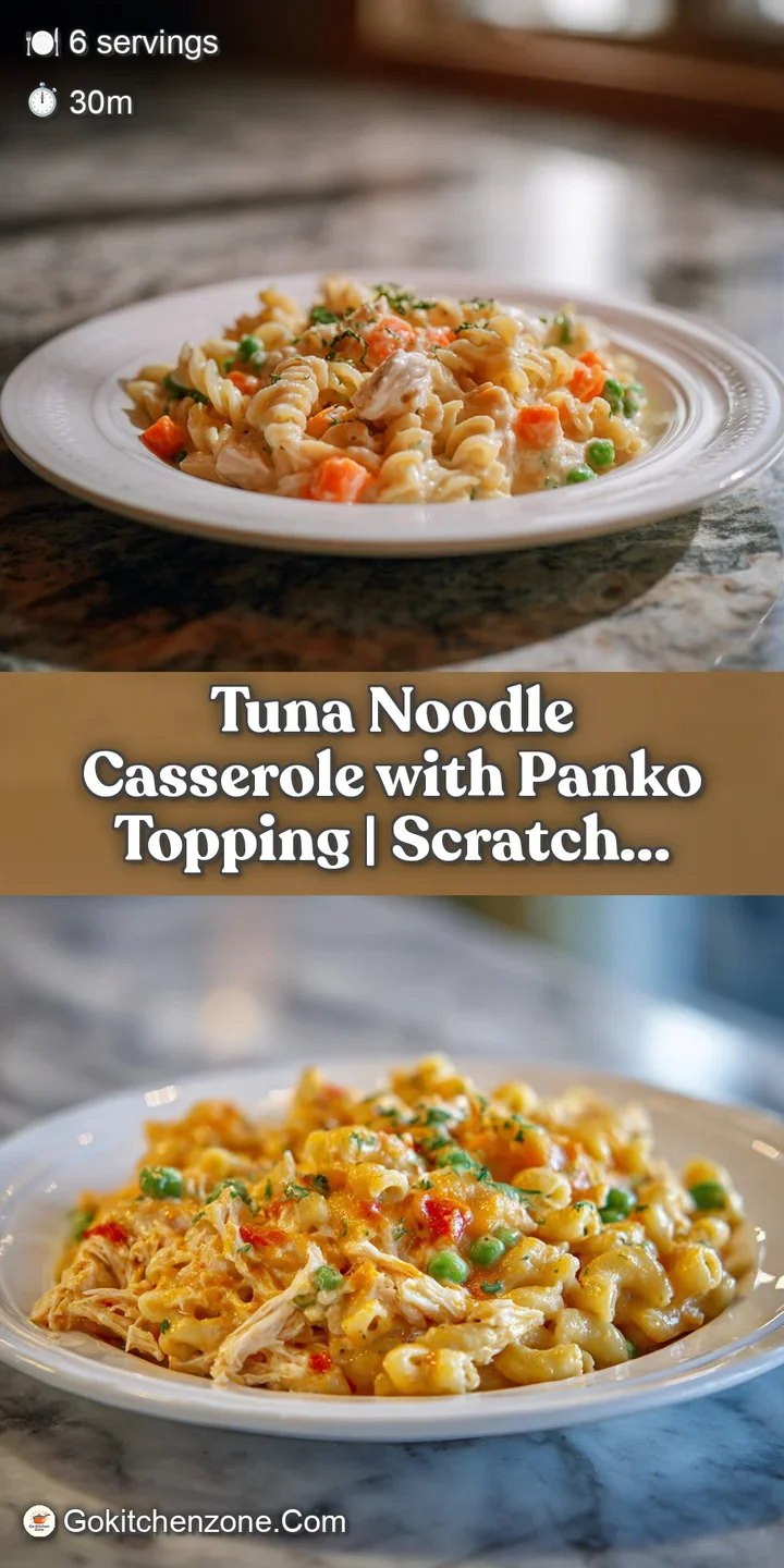 Close-up of tuna noodle casserole. Golden panko breadcrumbs create a crunchy crust over the steaming, creamy filling.