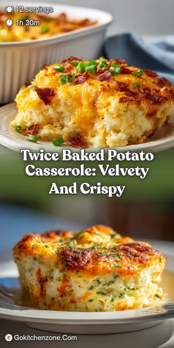 Close-up of cheesy potato casserole; steam rises, revealing a soft interior with browned, bubbly cheese and herb flecks.