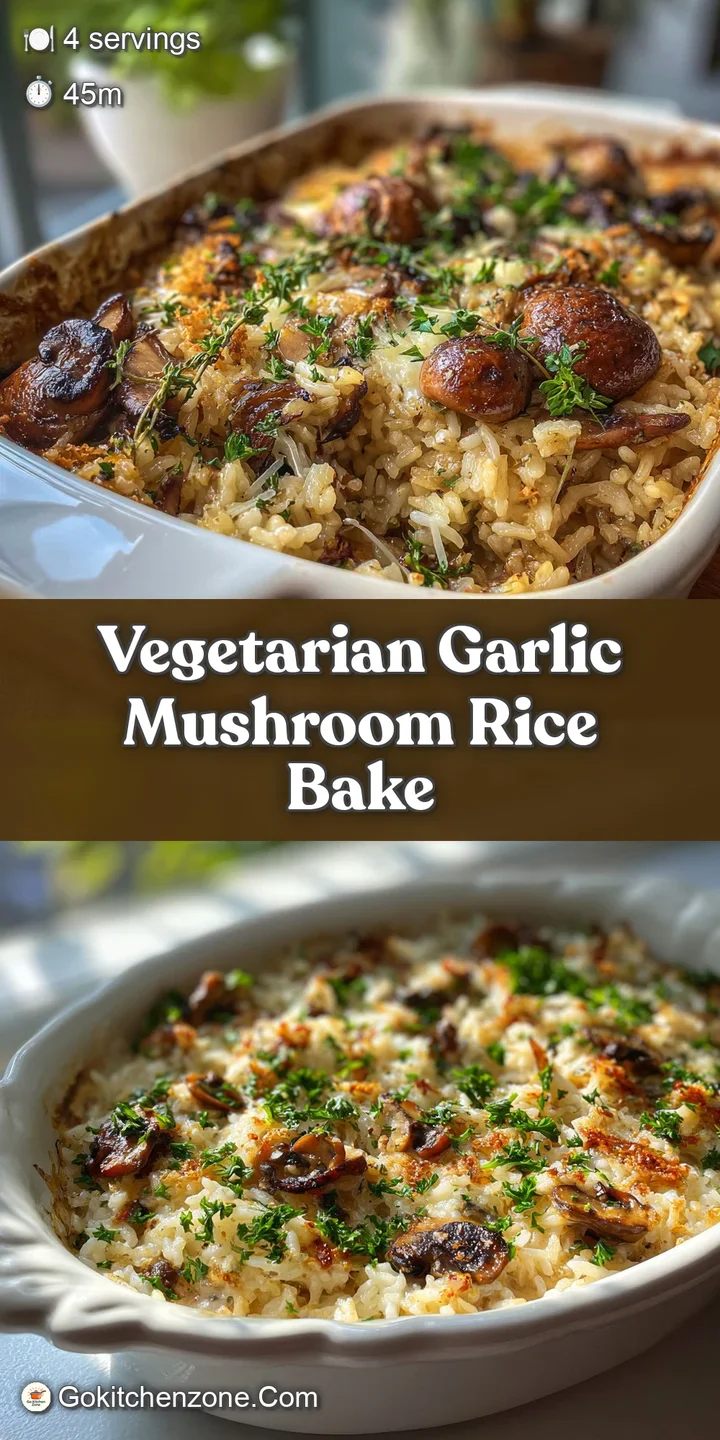Close-up of a creamy mushroom rice bake with visible garlic and herbs. Bubbling & golden brown, with a comforting texture.