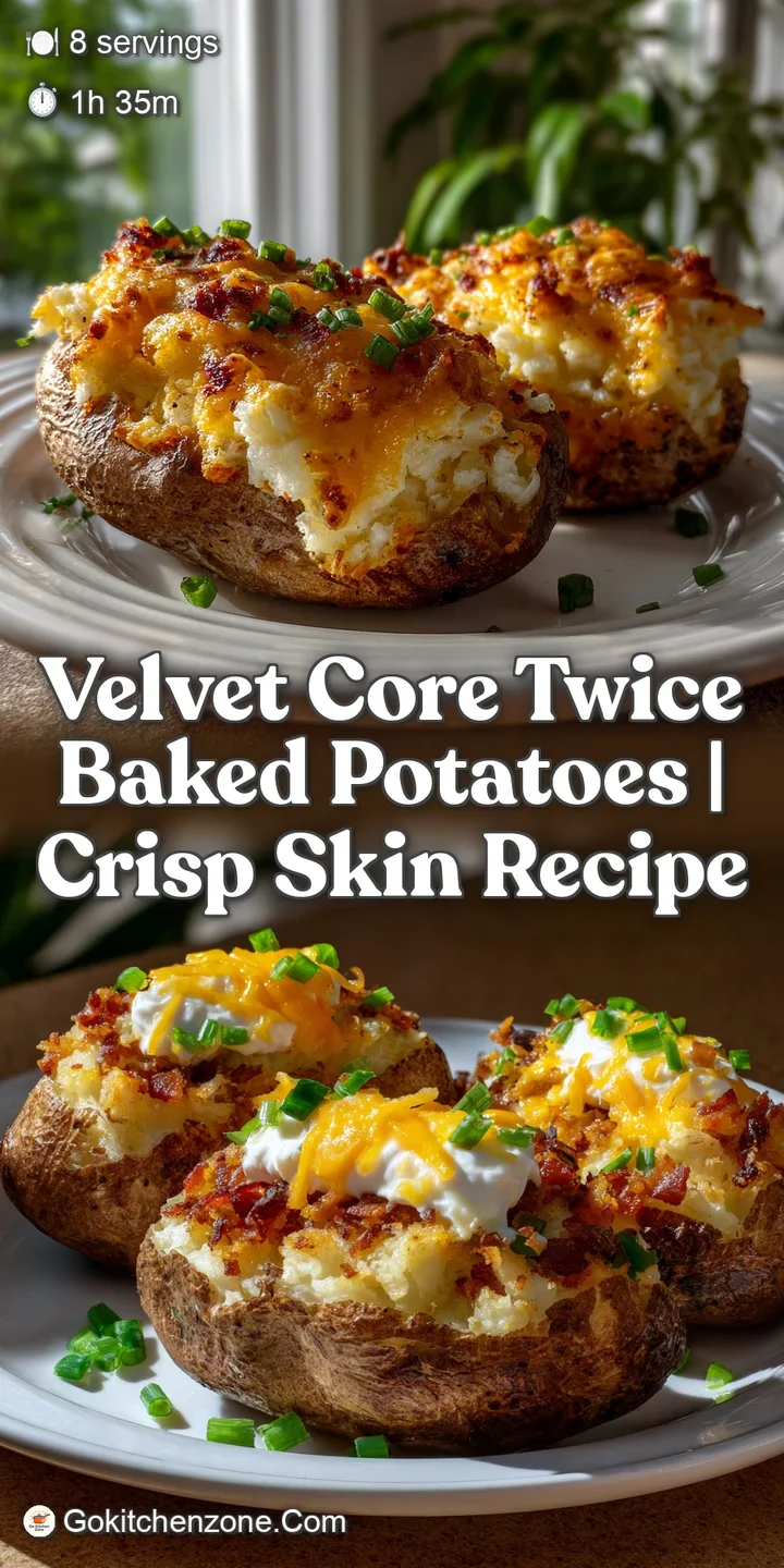 Close-up view of a twice-baked potato revealing a velvety, steaming interior. The golden, blistered skin contrasts with th...