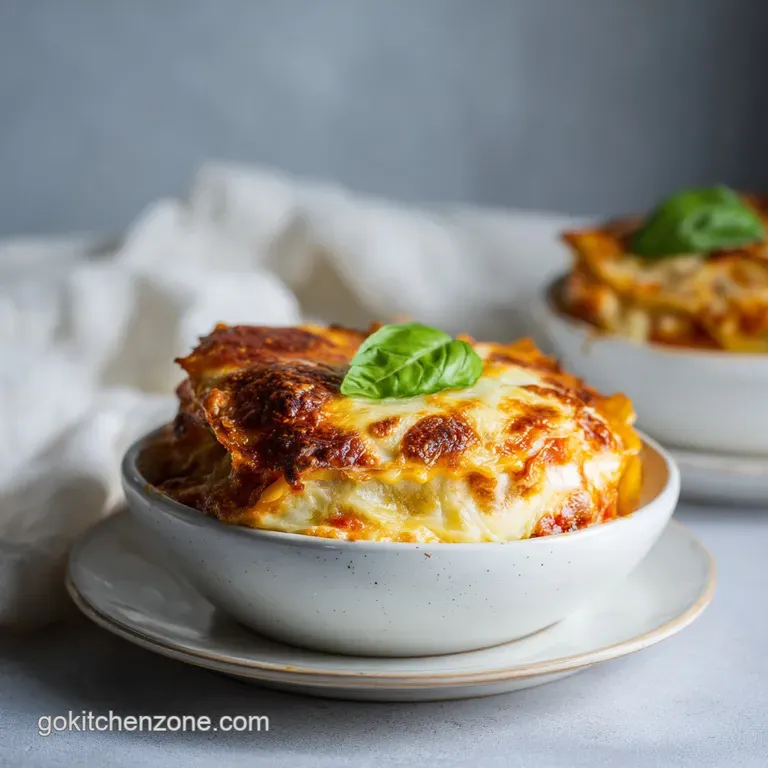 A slice of baked pasta, revealing creamy cheese and tender ravioli, artfully plated.