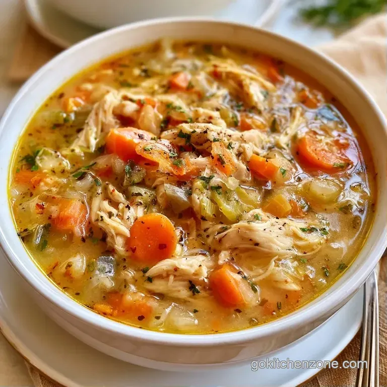 A white ceramic bowl filled with golden chicken soup, garnished with a sprig of fresh parsley and cracked pepper.
