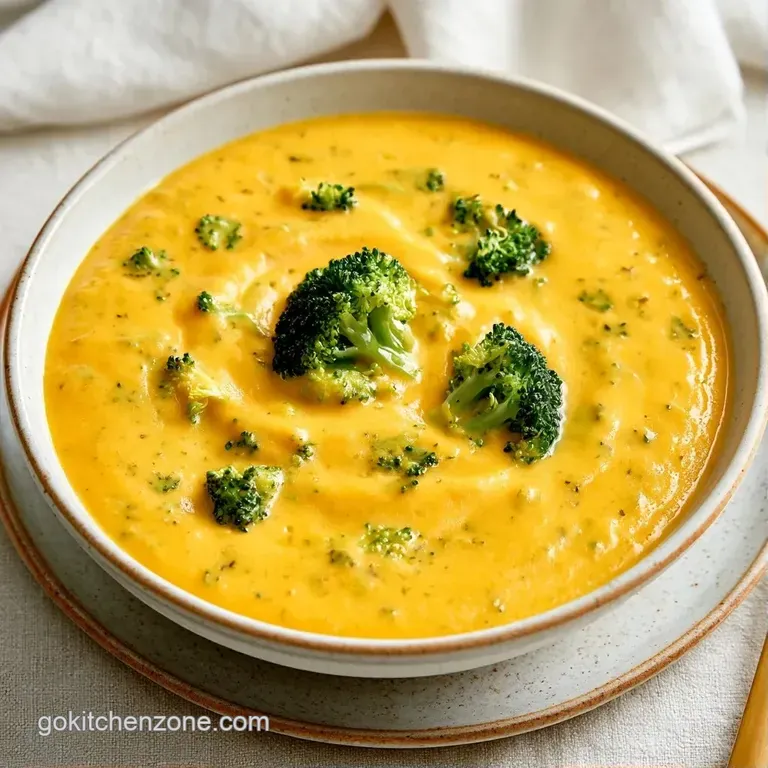 A smooth, yellow cheese soup in a bowl topped with cracked black pepper and a sprig of fresh green parsley.