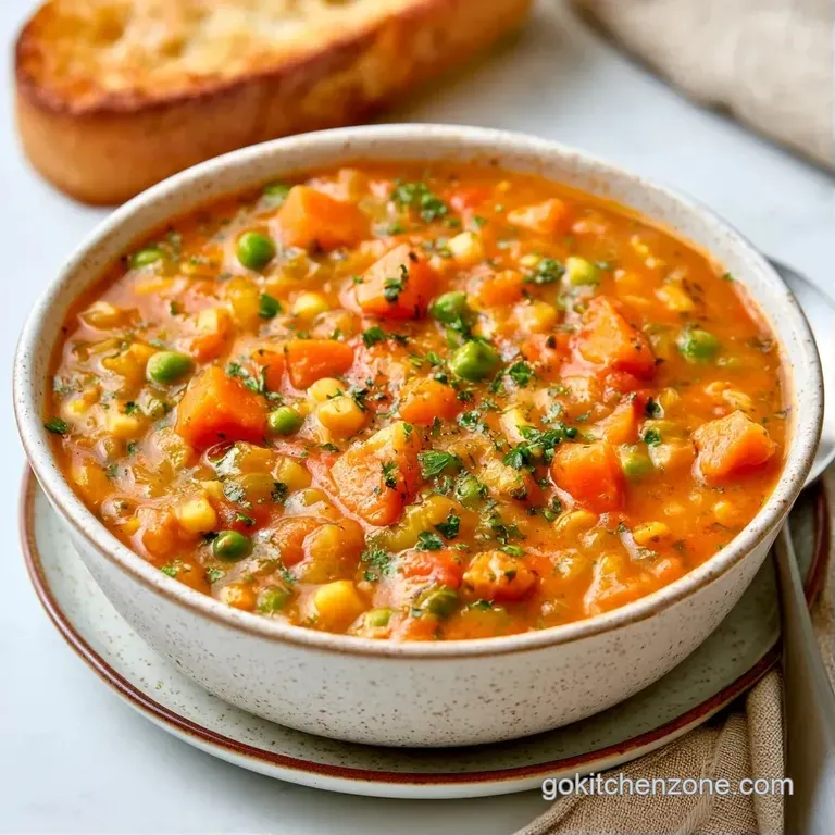 Steaming vegetable soup in a white porcelain bowl paired with a crusty piece of toasted sourdough bread on a tray.