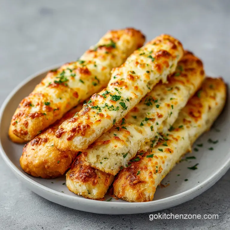 A rustic wooden board showcases a stack of cheesy garlic breadsticks, their tops perfectly browned and inviting.