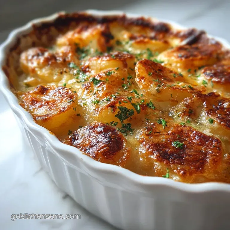 Portion of scalloped potatoes plated elegantly; creamy, cheesy sauce glistening. Garnished with fresh thyme sprigs. Rich a...