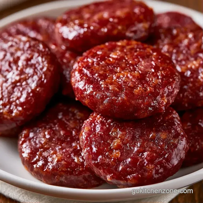 Neatly sliced savory meat rounds paired with grainy mustard and cornichons on a rustic dark wood serving board.