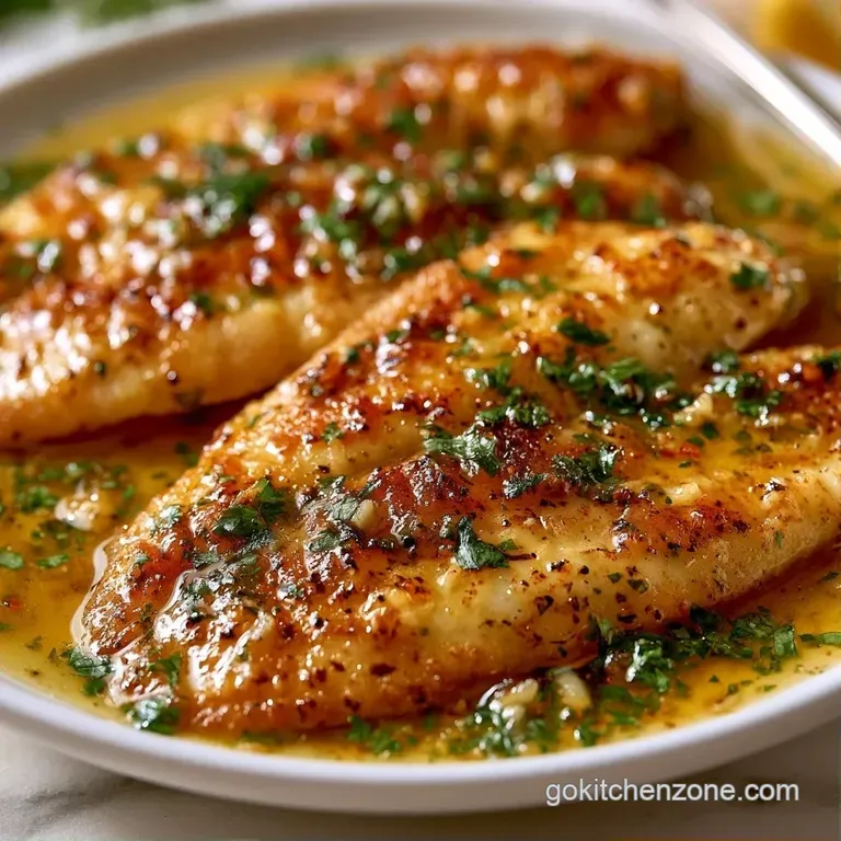A white porcelain plate featuring white fish fillets, vibrant green parsley, and a fresh lemon wedge on the side.