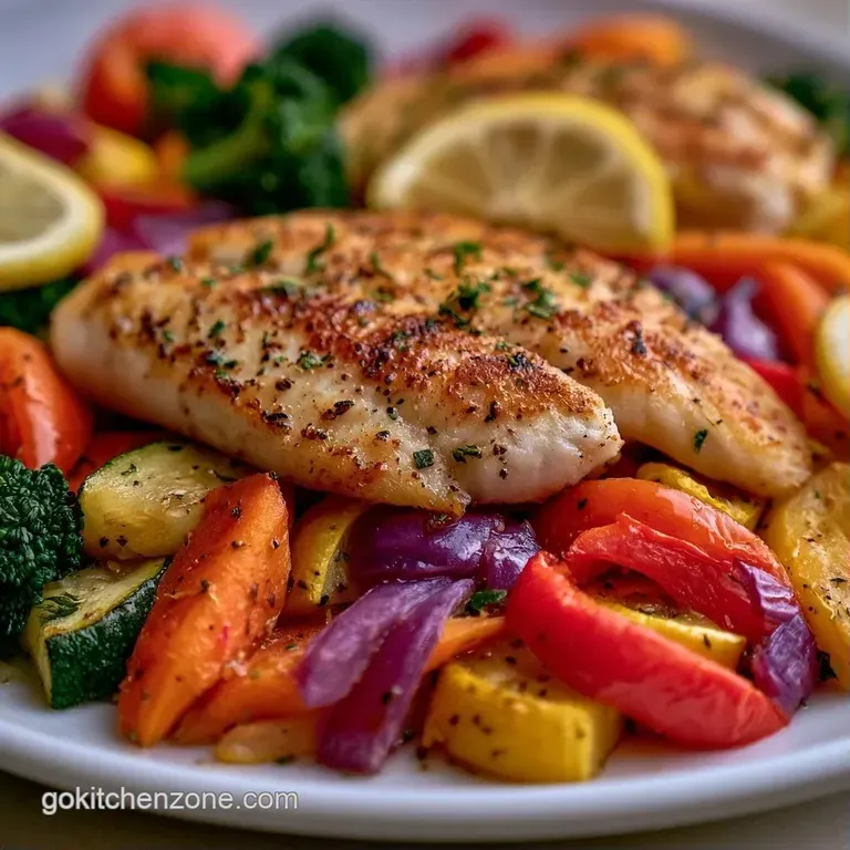 Golden-brown fish fillet resting on a bed of charred broccoli and orange carrots, garnished with a fresh lemon wedge.
