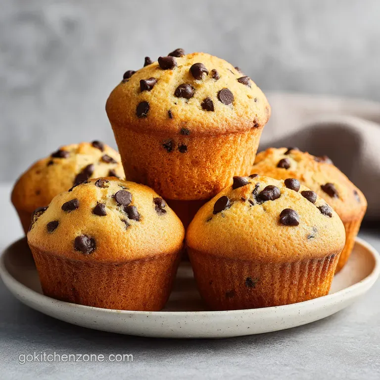 Two fluffy muffins, one split revealing a gooey chocolate center, on a rustic ceramic plate.