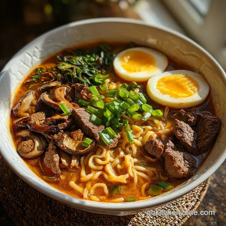 A single serving of beef ramen, artfully arranged. Shiny broth coats the noodles, topped with scallions and a soft egg.