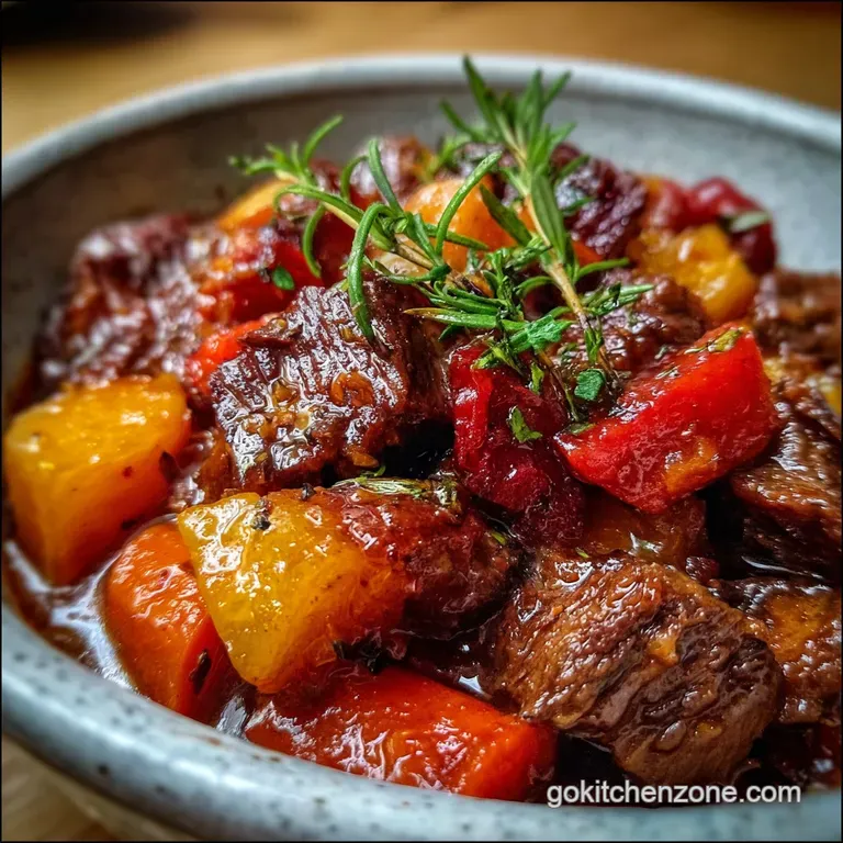 Elegant plate of beef stew showcasing glistening gravy, soft carrots, and herbs. A spoonful of stew hints at tender textur...