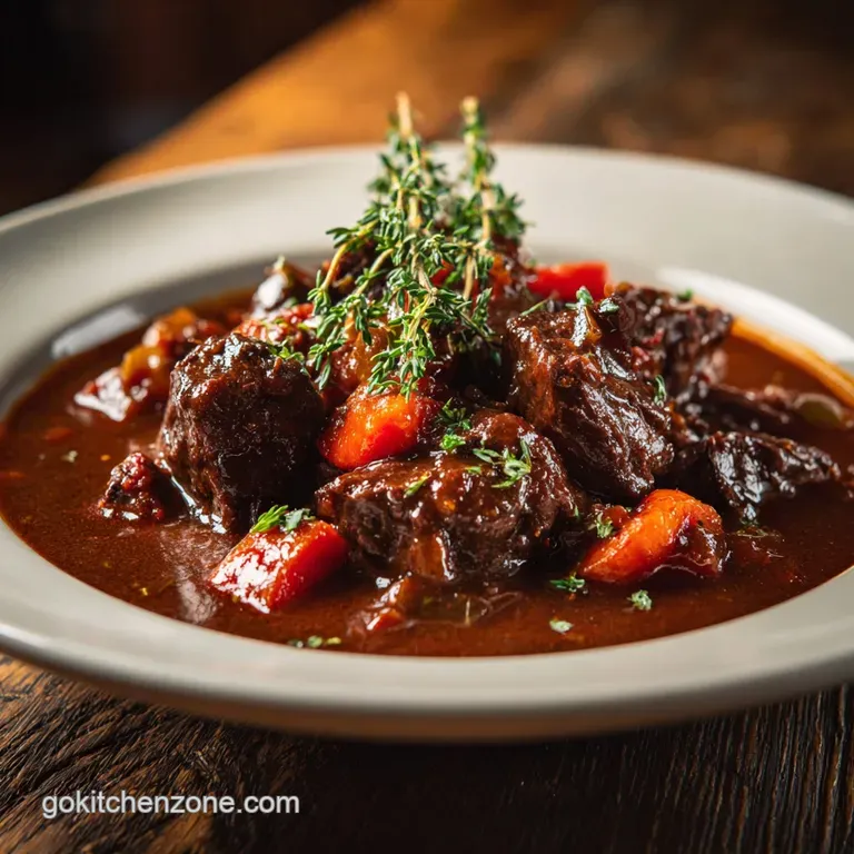 A deep bowl of hearty beef stew, glistening gravy coating the beef and vegetables, sprinkled with fresh herbs for brightness.