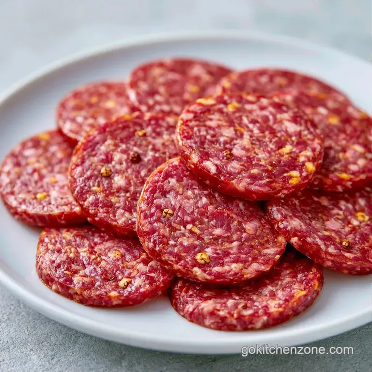 Neatly arranged circles of savory cured meat paired with sharp white cheddar and grainy mustard on a slate platter.