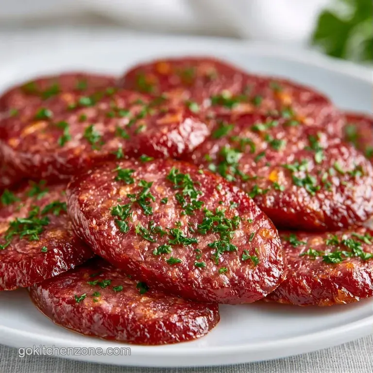 Slices of cured red meat arranged in a fan shape with creamy cheese and cornichons on a dark grey stone board.