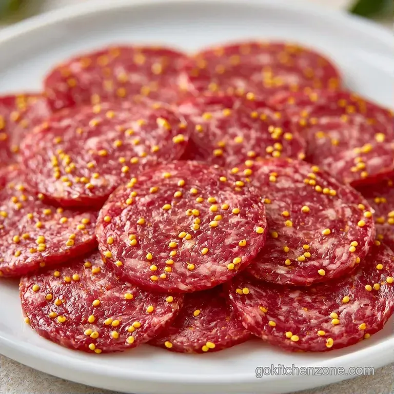 Neatly arranged circles of browned beef sausage paired with sharp cheddar cubes and a dollop of zesty mustard.