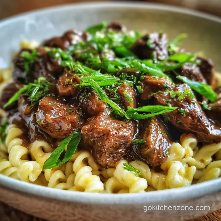 Tender beef tips and broad egg noodles coated in a savory gravy, elegantly plated with a fresh parsley garnish on white ch...