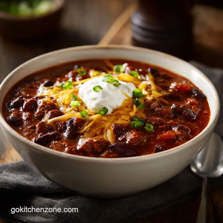 A steaming bowl of chili topped with vibrant green cilantro and bright red diced tomatoes. The rich, meaty stew practicall...