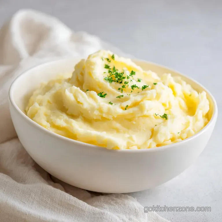 Elegant swirl of creamy mashed potatoes in a white bowl, drizzled with gravy, topped with herbs, a comforting and refined ...