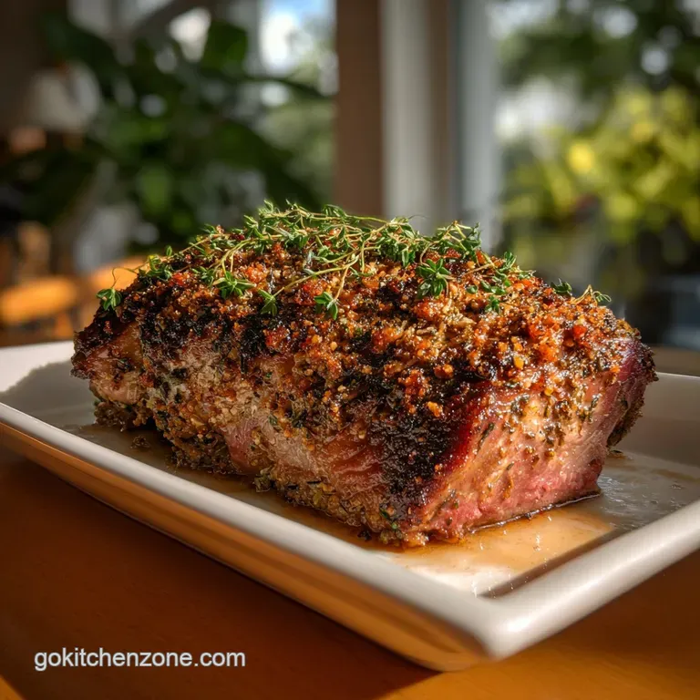 Elegant plate of sliced prime rib, medium-rare, showcasing a tender, juicy interior. Garnished with fresh herbs and a side...