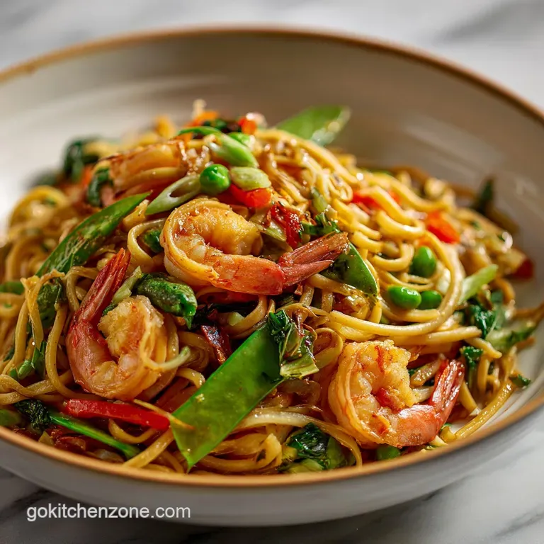 A generous swirl of lo mein noodles, glistening with sauce, piled high with succulent shrimp and colorful vegetables.