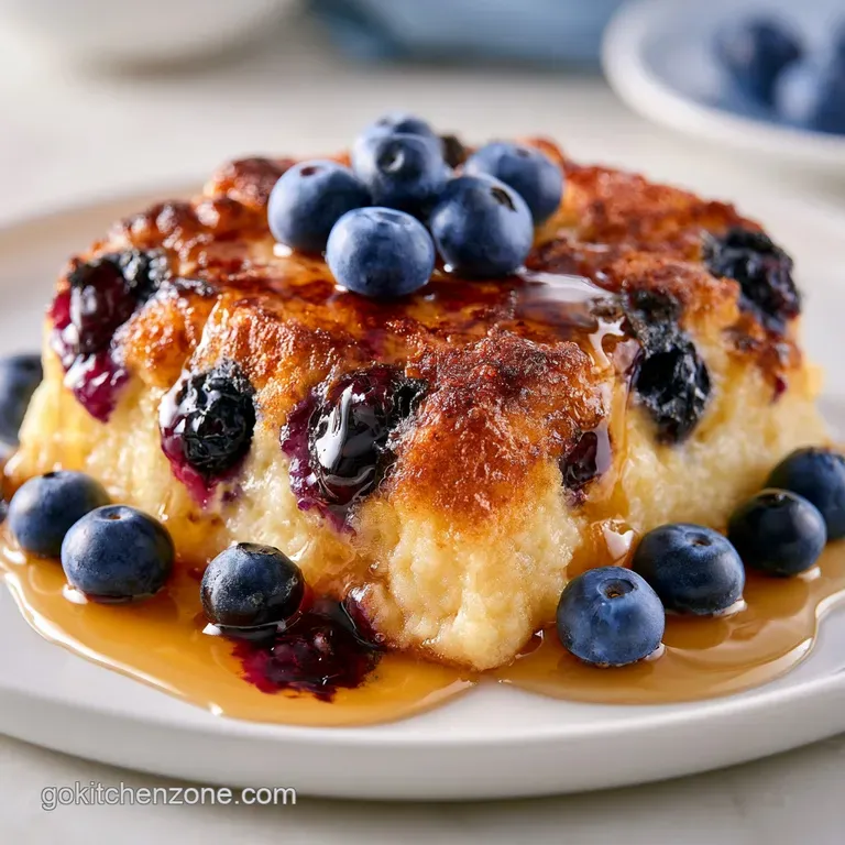A square slice of fluffy pancake bake on a white plate, drizzled with glossy amber syrup and fresh blueberries