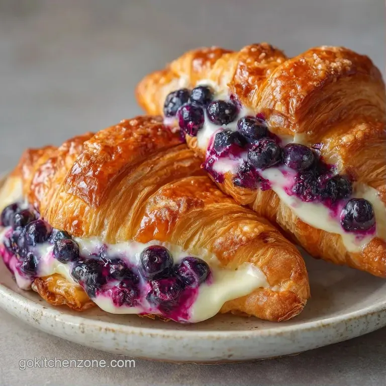 Warm slice of golden pastry with juicy blueberries and powdered sugar, served on a clean white ceramic plate.