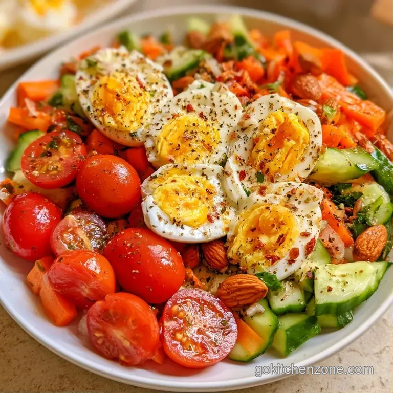 Neatly arranged halved eggs, bright orange carrot sticks, sliced cucumbers, and grapes in a clear compartment box.