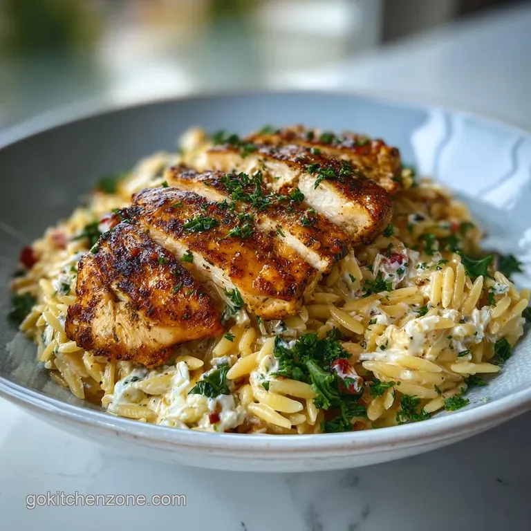 A swirl of glistening, herbed orzo topped with juicy chicken and a sprinkle of fresh herbs on a white plate.