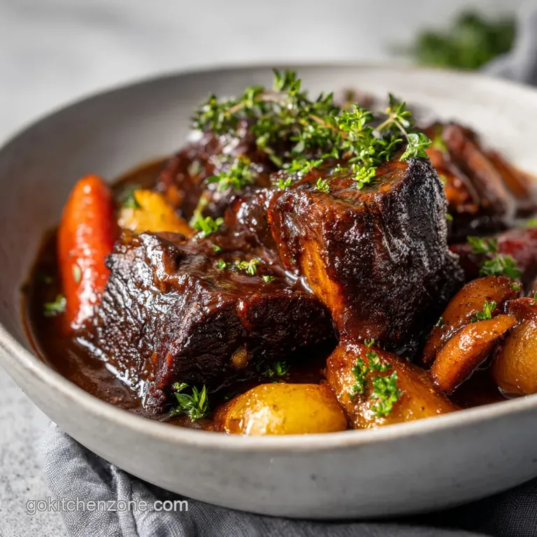 Tender beef short ribs glazed in deep red wine sauce, artfully arranged with vibrant green asparagus.
