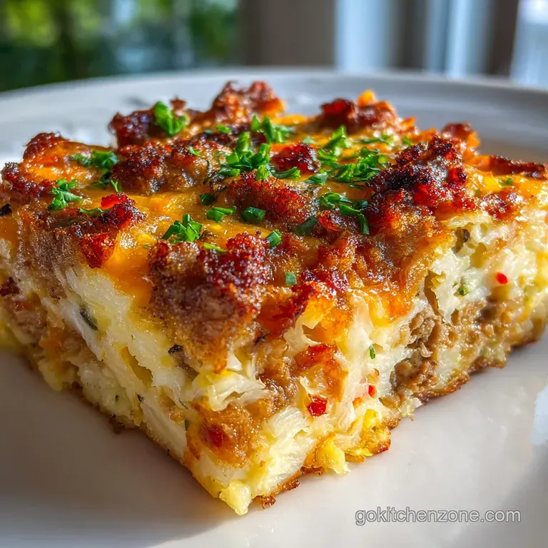 Slice of breakfast casserole on a white plate, steam rising. Crispy hash browns, melted cheese, and vibrant green onions.