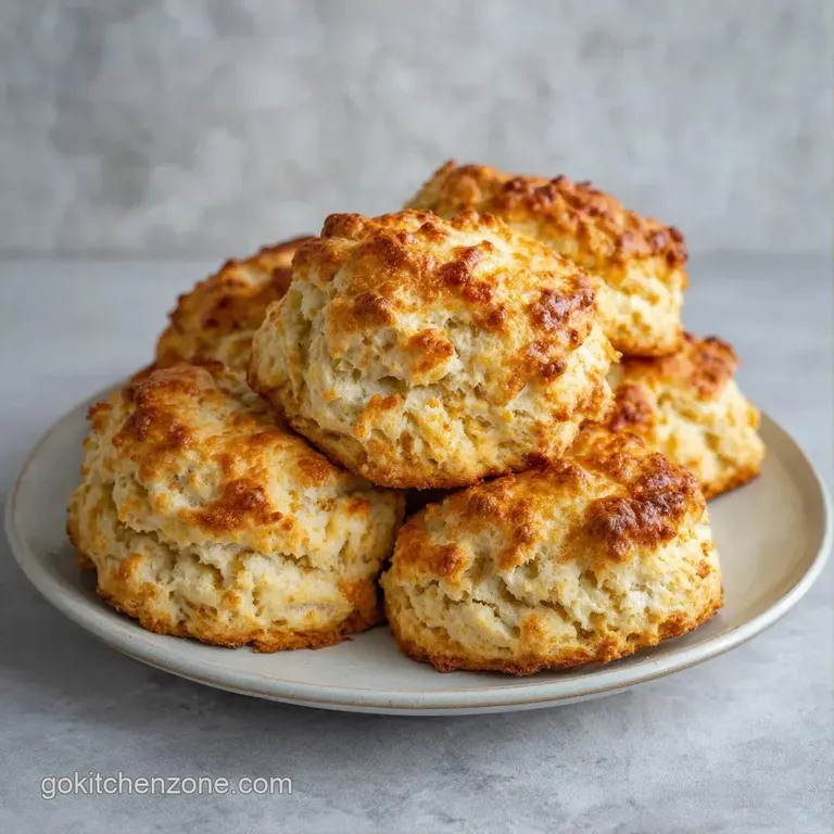 Three golden biscuits stacked neatly on a white ceramic plate, garnished with fresh parsley and a pat of butter.