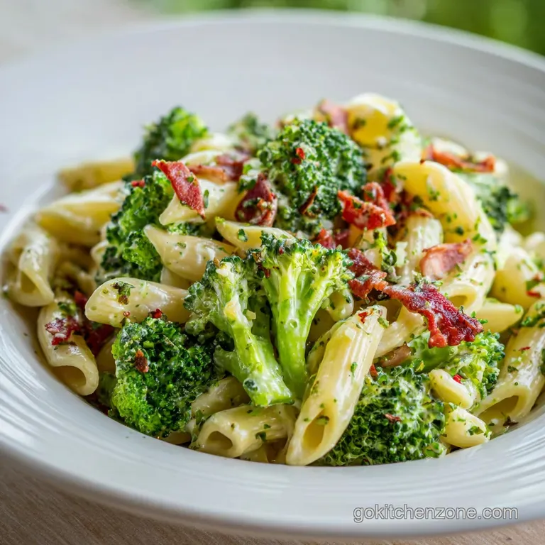 A bright helping of broccoli pasta salad, mounded on a plate with visible apple chunks and a scattering of pecans.