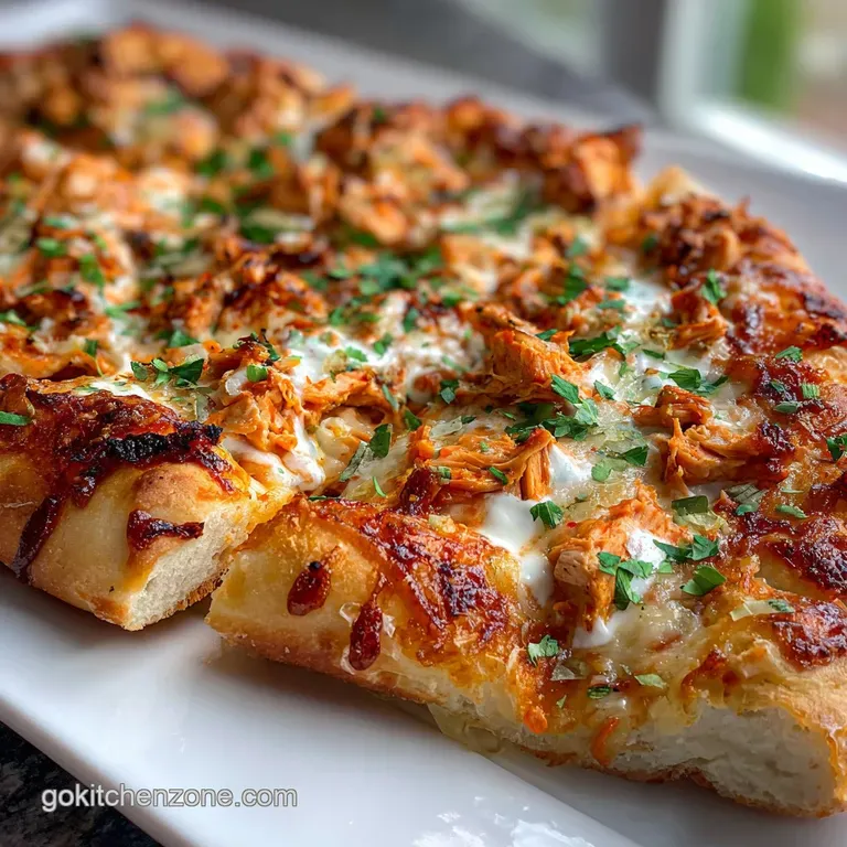 Slice of buffalo chicken pizza on a plate. Melty cheese pull, crispy crust with visible air pockets, and juicy chicken pie...