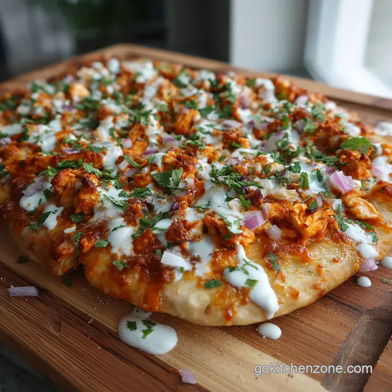 Slice of buffalo chicken pizza elevated, showing the layers of cheese, sauce, chicken, and a perfectly browned, bubbly crust.