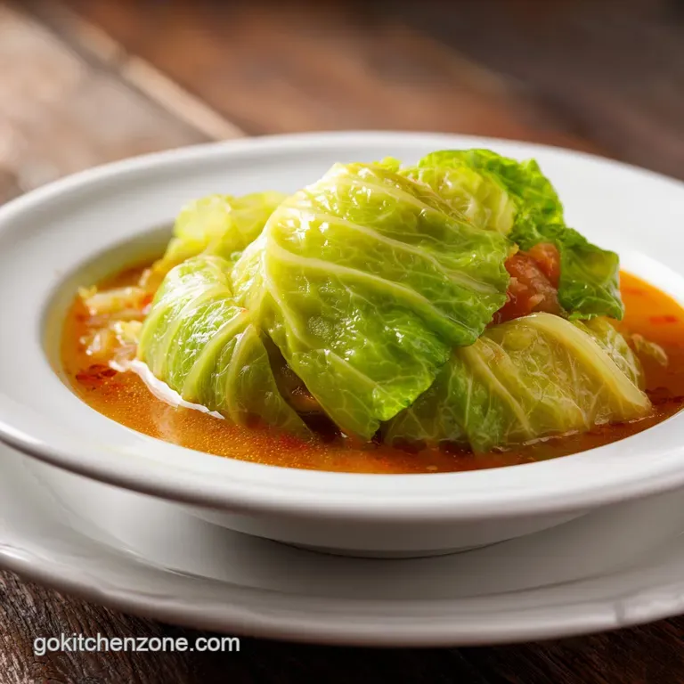 Steaming cabbage roll soup in a rustic bowl, garnished with fresh dill and a dollop of sour cream for a cozy presentation.