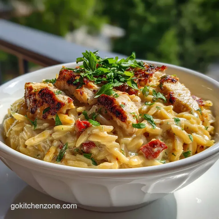 Elegant plate of Cajun chicken Alfredo orzo; creamy sauce glistening against dark plate. Garnished with parsley and red pe...
