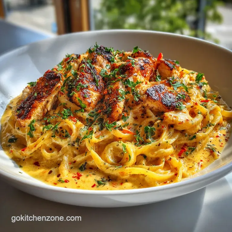 Cajun chicken pasta elegantly plated, vibrant peppers glistening in a creamy sauce, sprinkled with fresh herbs as garnish.