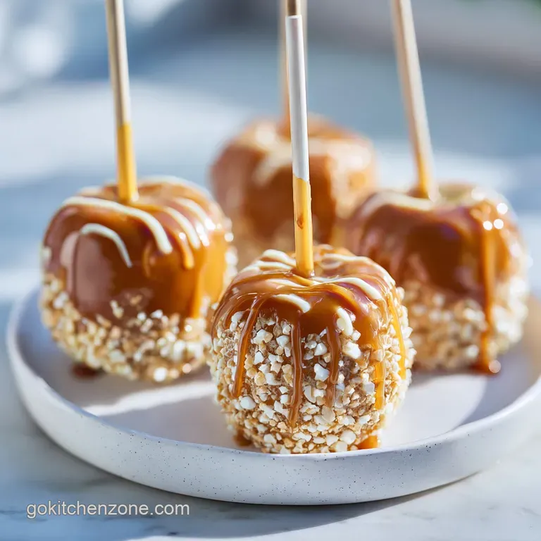 Caramel apple wedges arranged artfully on a white plate, drizzled with melted chocolate and sprinkled with sea salt.