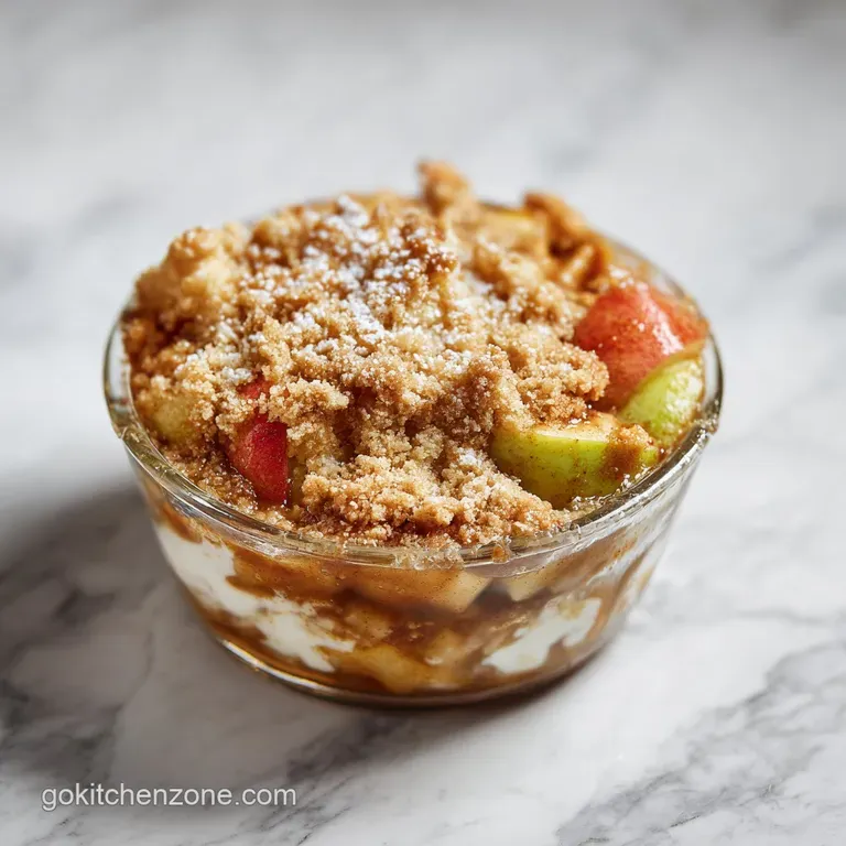 A warm slice of caramel apple dump cake, topped with whipped cream and a caramel drizzle