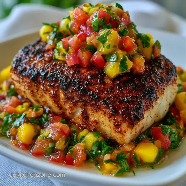 Symmetrical arrangement of seared white fish topped with colorful mango salsa on a modern ceramic plate.