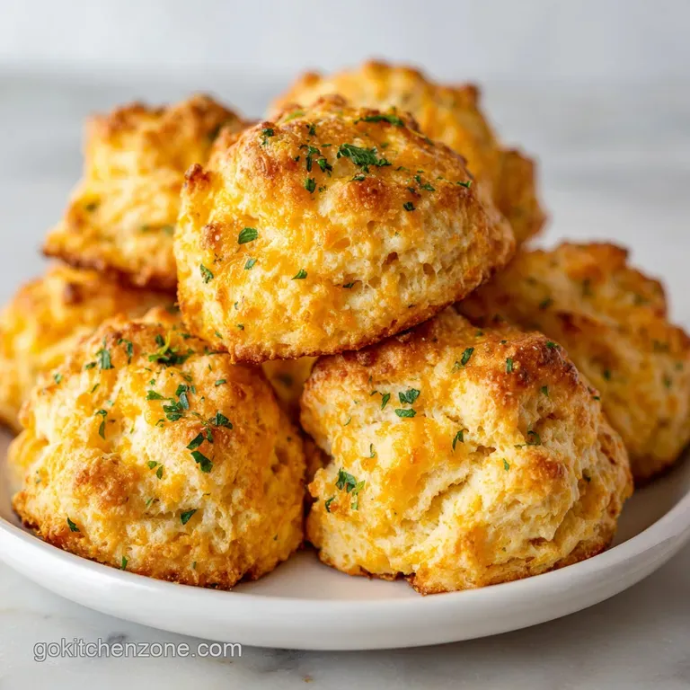 Stack of warm, fluffy biscuits on a plate. Melted butter glistens on the golden tops. Herbs add a pop of green.